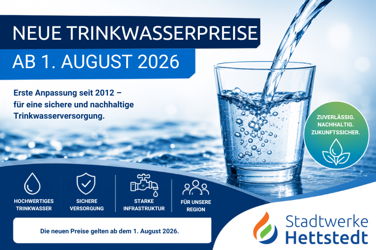 Preisübersicht der Trinkwasserpreise der Stadtwerke Hettstedt mit Gegenüberstellung der bisherigen und neuen Preise ab dem 01.08.2026.